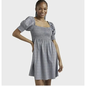 NWT Hill House Athena Plaid Puff Sleeve Smocked Mini Nap Dress Sz S Grey #FB402